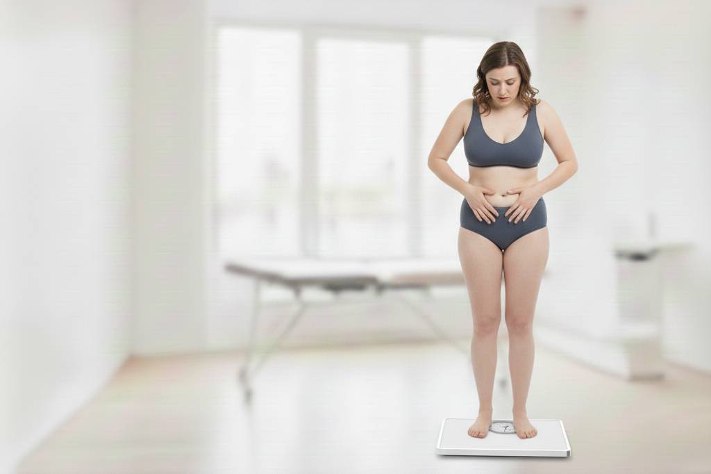 Symbolische Darstellung von Lipödem: schlanker Oberkörper bei unveränderter Fettverteilung an Beinen und Armen trotz Diäten.